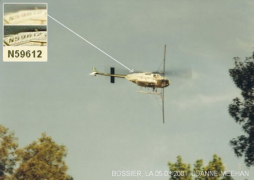 Chemtrail sprayings over Bossier, LA on 04-19-2001, helicopter and his registration number