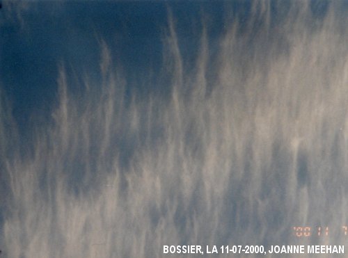 Chemtrail sprayings over Bossier, LA on 11-07-2000